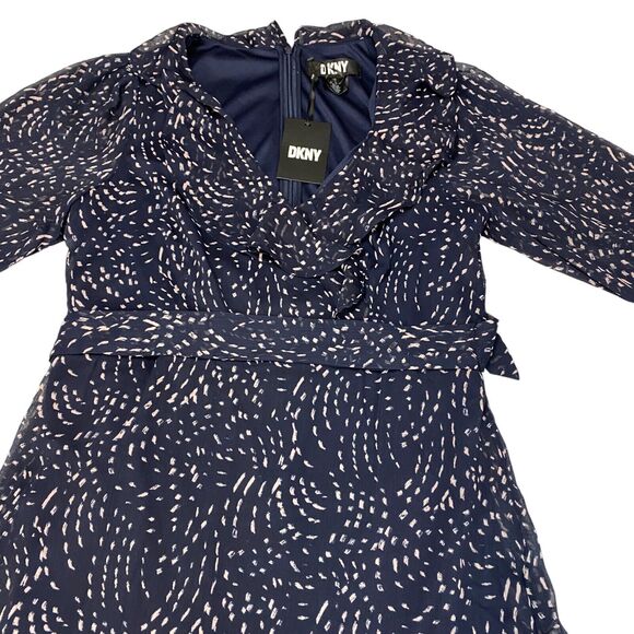 DKNY Dress Women's 12 Navy Pink Sheer Balloon Sleeve Lined Tie Waist Back Zip - Picture 14 of 16